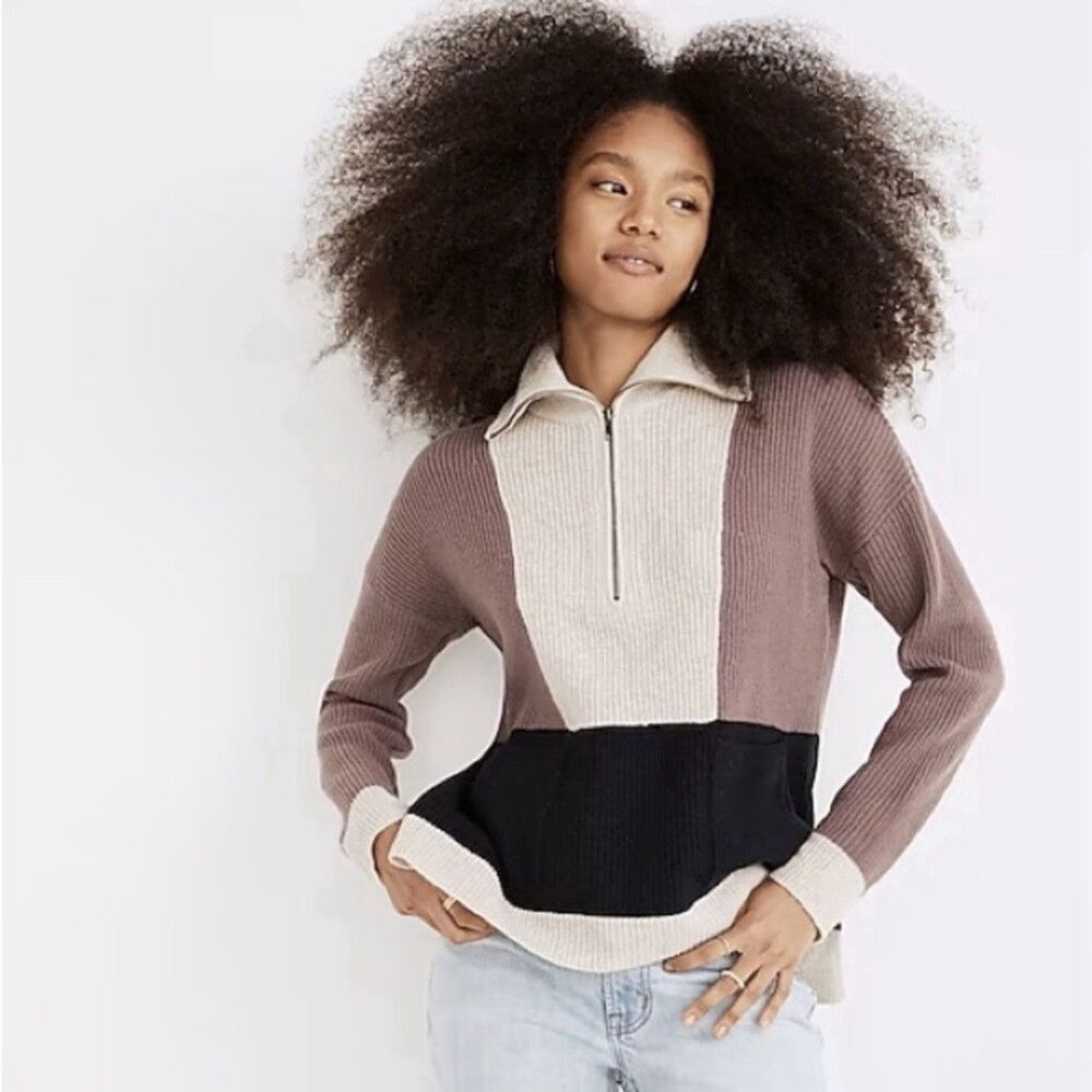 Madewell Glenbrook Half Zip Pullover Sweater Heather Fog Colorblock Size S